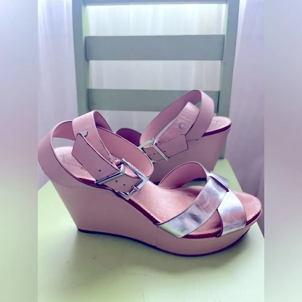 TED BAKER wedge heels; leather & silver; Size 38